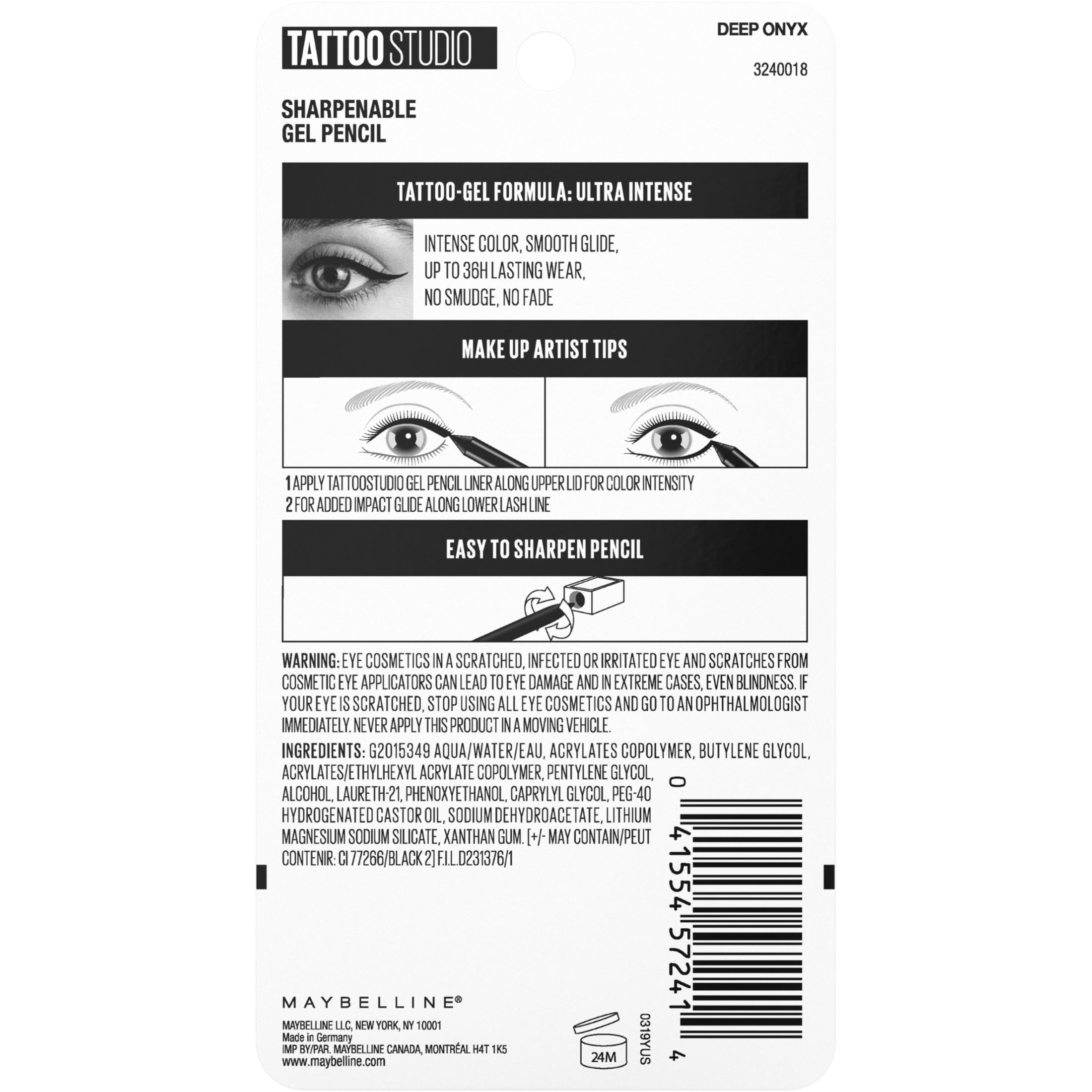 (2 pack) Maybelline Tattoo Studio Sharpenable Gel Pencil Longwear Eyeliner, Deep Onyx