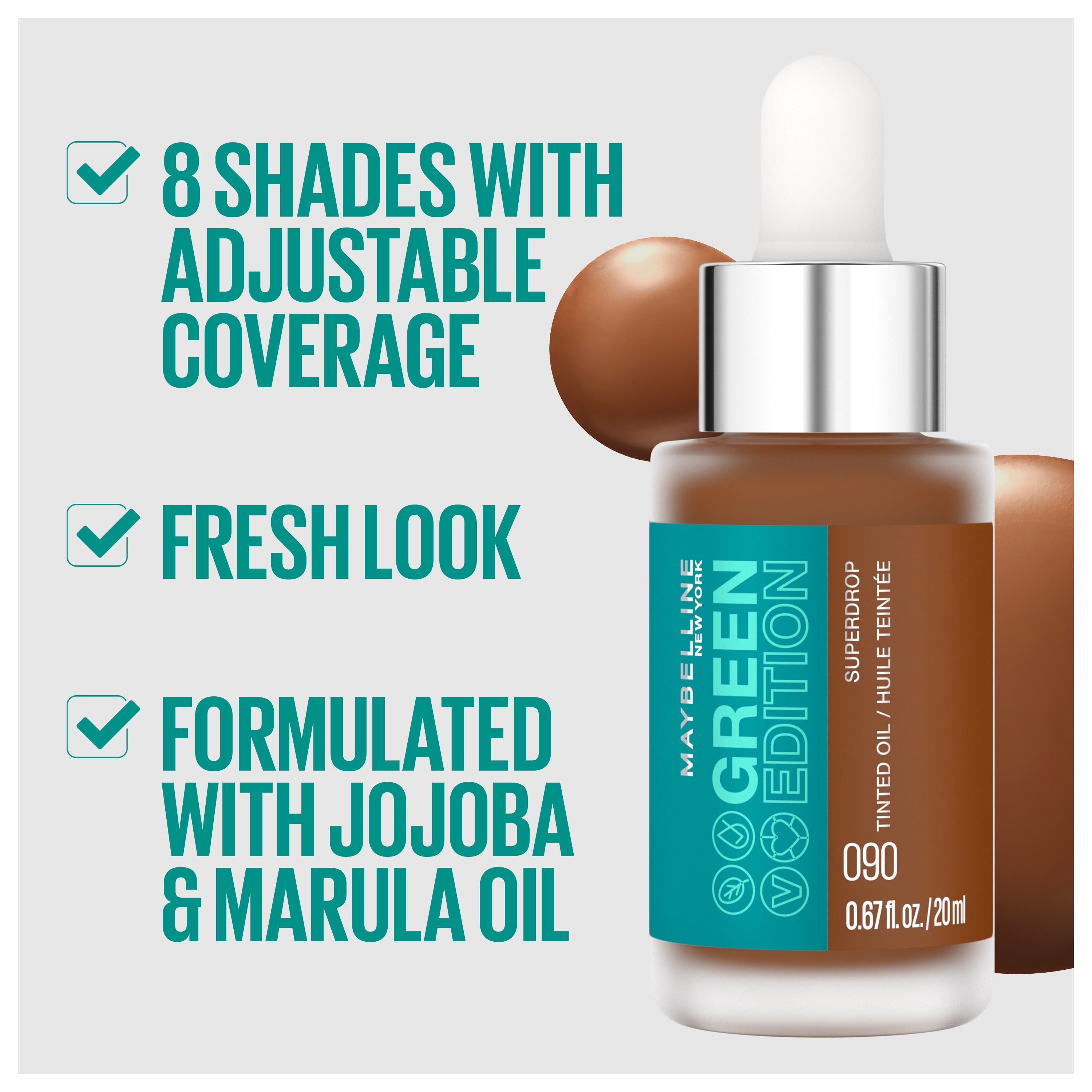 Maybelline Green Edition Superdrop Tinted Oil Makeup, Adjustable Coverage, 20, 0.67 fl oz