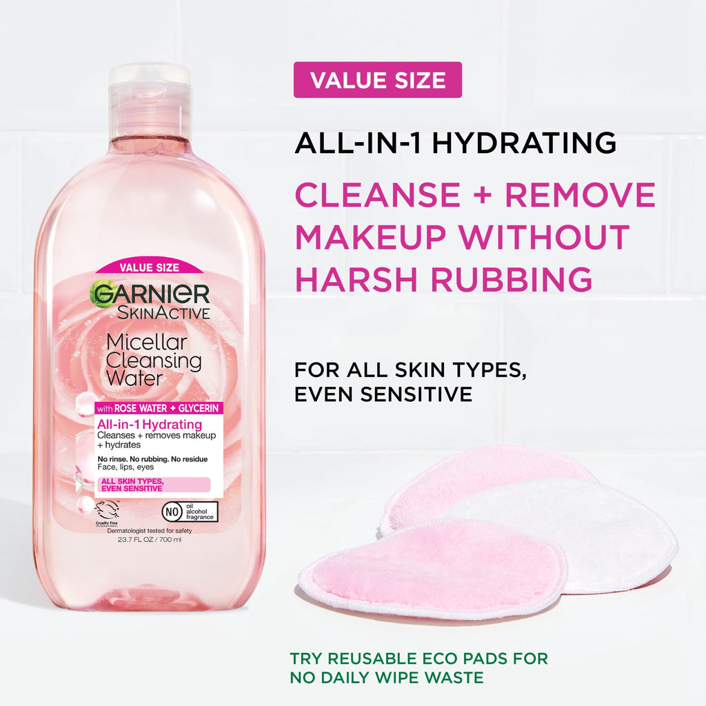 Garnier SkinActive Micellar Cleansing Water All in 1 Hydrating Rose Water Makeup Remover, Face Cleanser, 23.7 fl oz