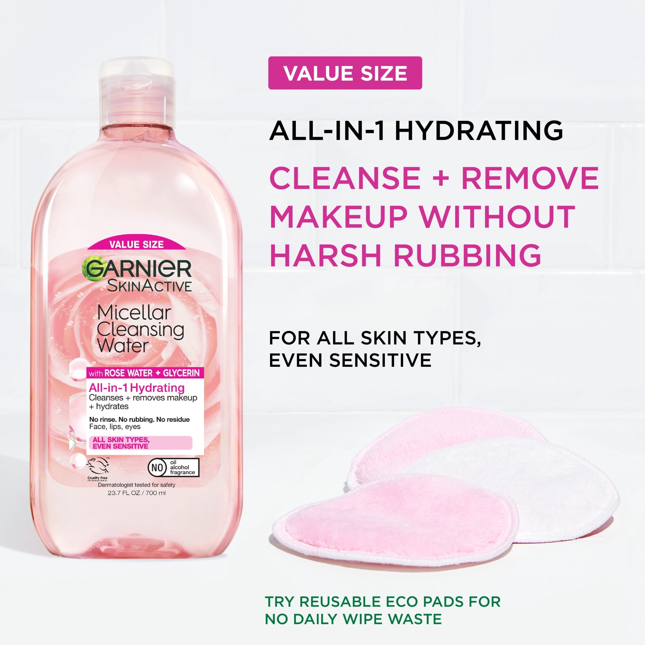 Garnier SkinActive Micellar Cleansing Water All in 1 Hydrating Rose Water Makeup Remover, Face Cleanser, 23.7 fl oz