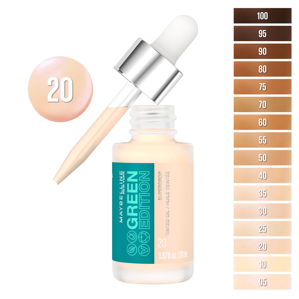 Maybelline Green Edition Superdrop Tinted Oil Makeup, Adjustable Coverage, 20, 0.67 fl oz