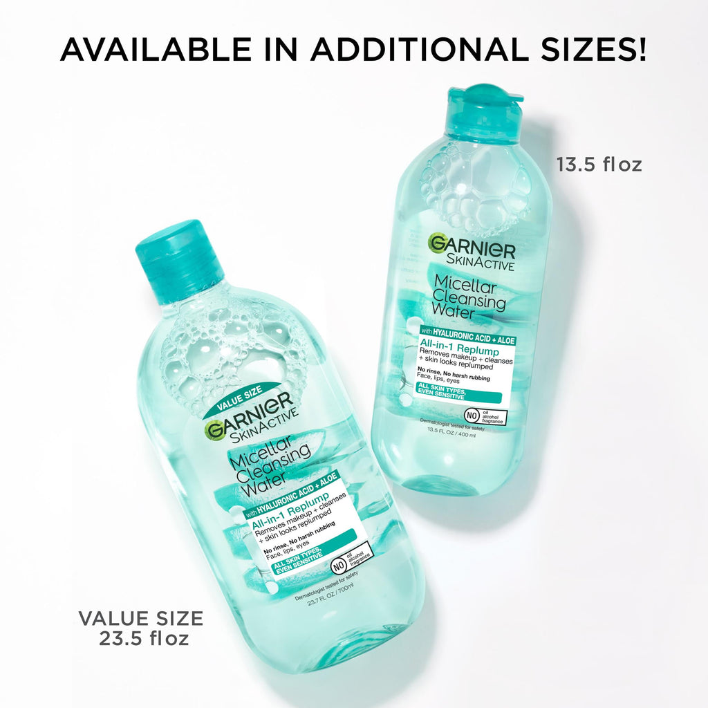 Garnier SkinActive Micellar Cleansing Water All in 1 Hyaluronic Acid Replump Makeup Remover, Face Cleanser, 23.7 fl oz