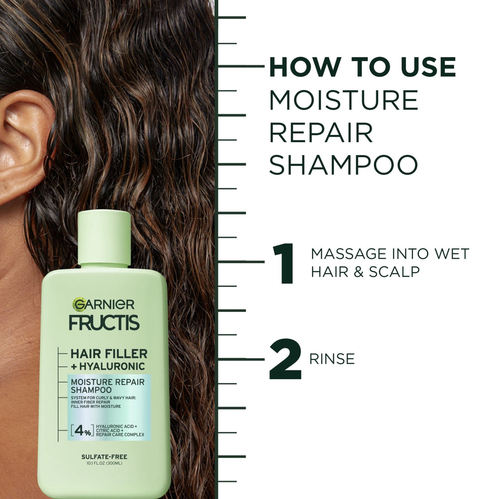 Garnier Fructis Hair Filler Moisture Repair Shampoo with Hyaluronic Acid, Curly Hair, Adults, 10.1 fl oz