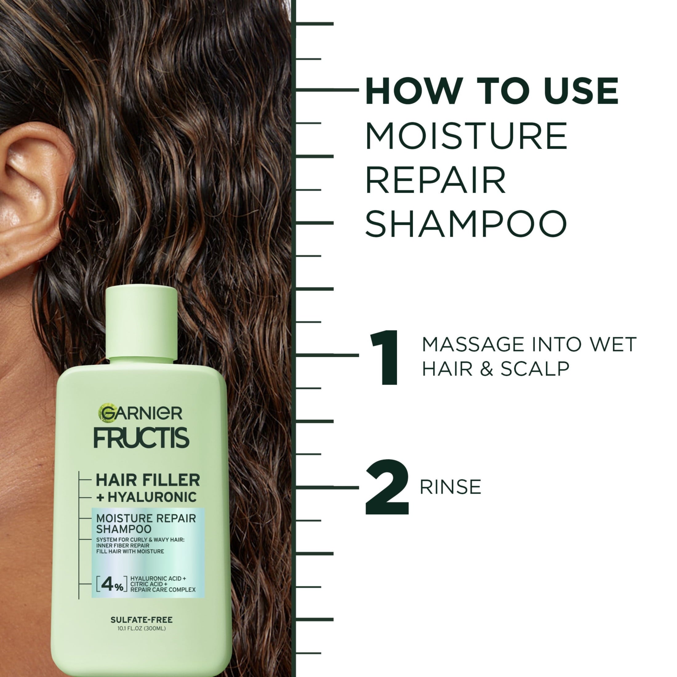 Garnier Fructis Hair Filler Moisture Repair Shampoo with Hyaluronic Acid, Curly Hair, Adults, 10.1 fl oz