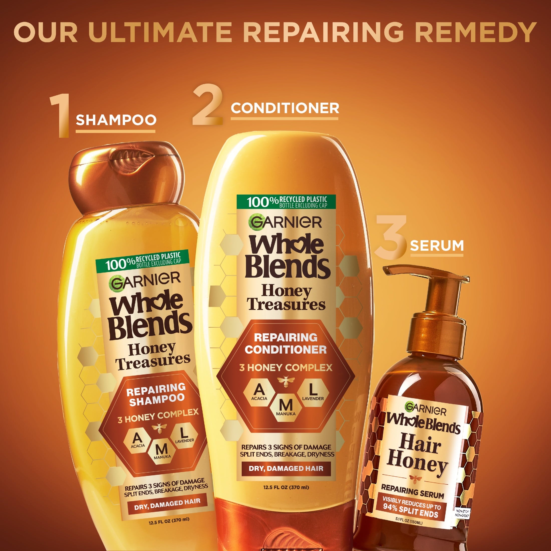 Garnier Whole Blends Honey Treasures Repairing Shampoo & Conditioner, Damaged Hair, 54.6 fl oz