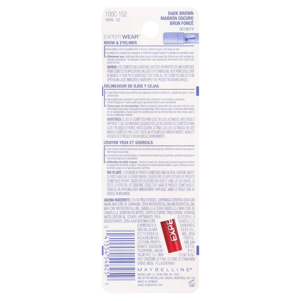 Maybelline ExpertWear Brow and Eyeliner Pencil, Dark Brown