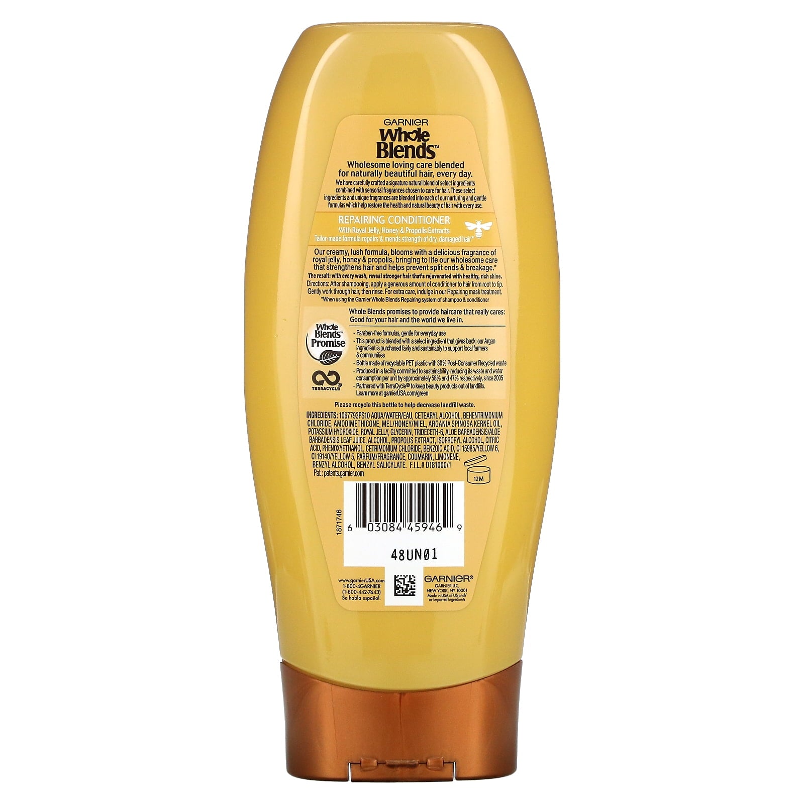 Garnier Whole Blends Repairing Conditioner, Dry, Damaged Hair, Honey Treasures, 12.5 fl oz (370 ml)