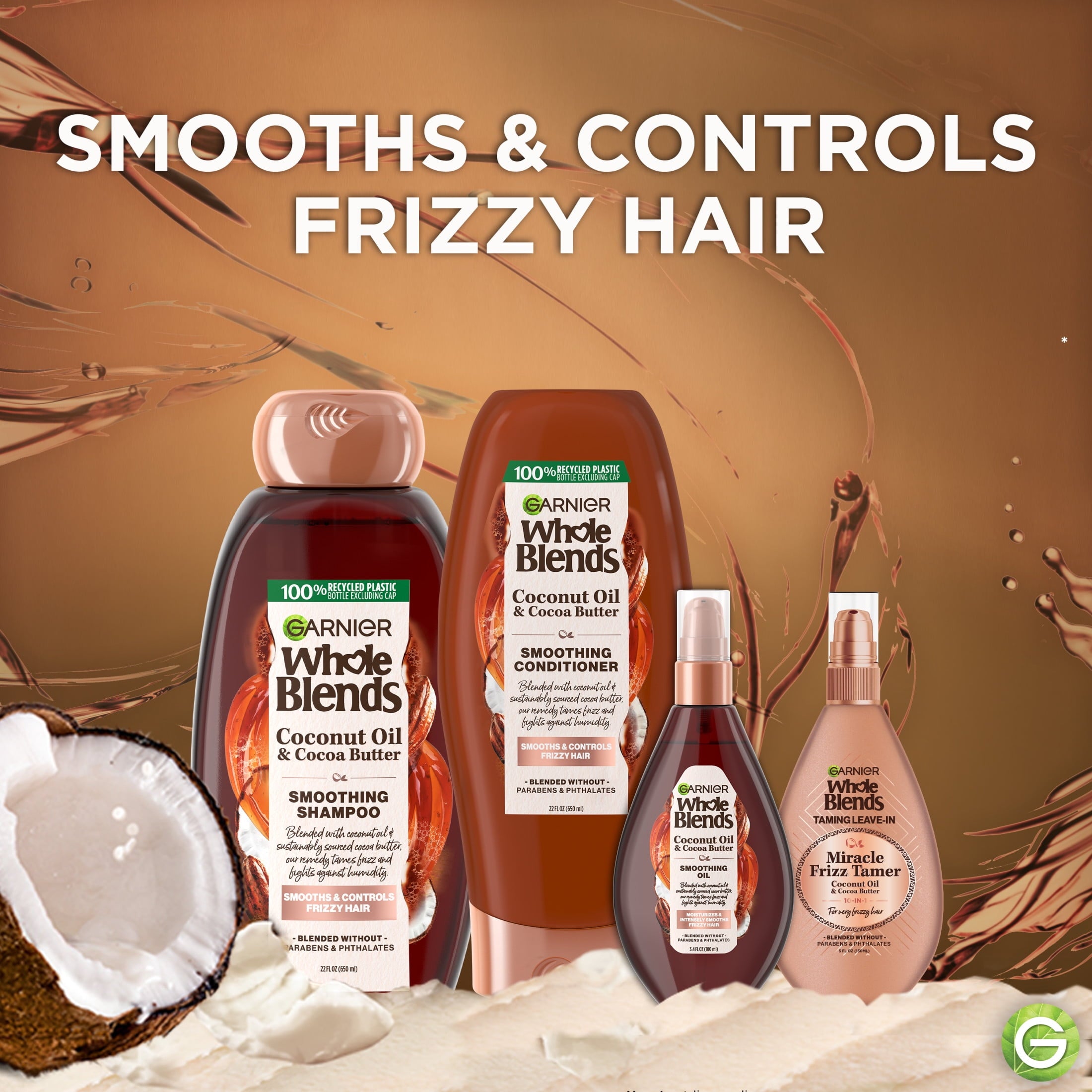 (2 pack) Garnier Whole Blends Leave in Frizz Control Conditioner, Coconut Oil Cocoa Butter, All Hair Types 5 fl oz