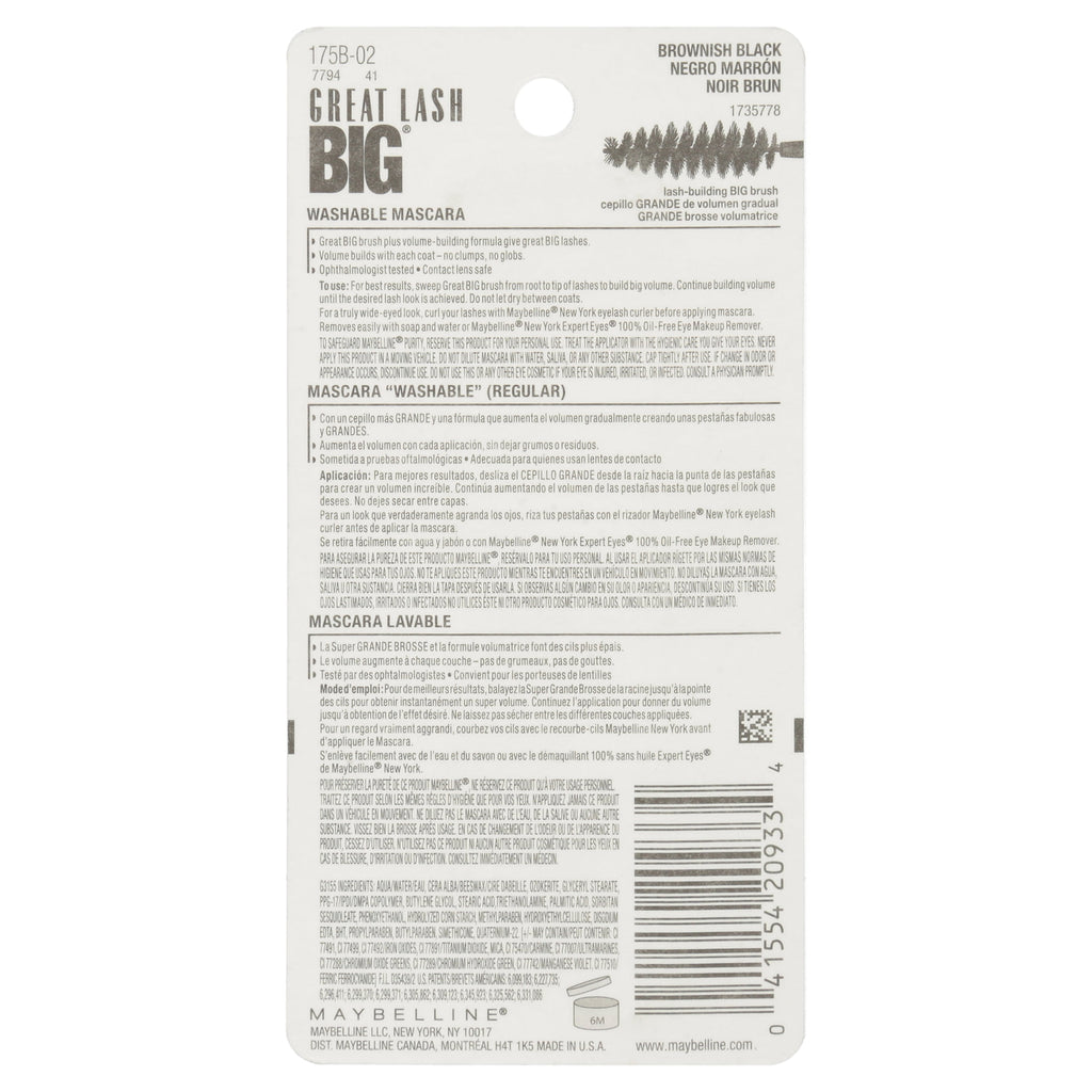 Maybelline Great Lash BIG Washable Mascara, Brownish Black