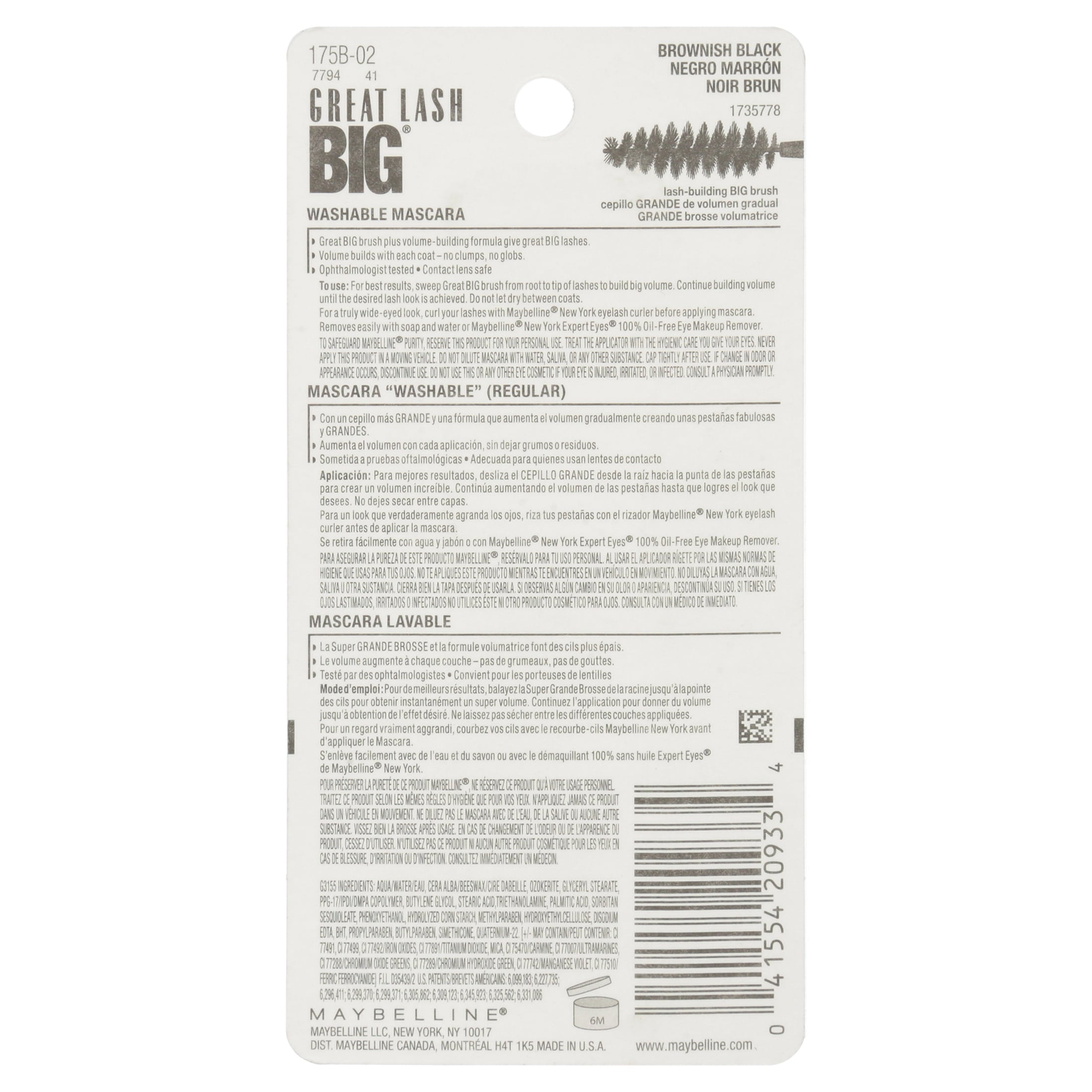 Maybelline Great Lash BIG Washable Mascara, Brownish Black