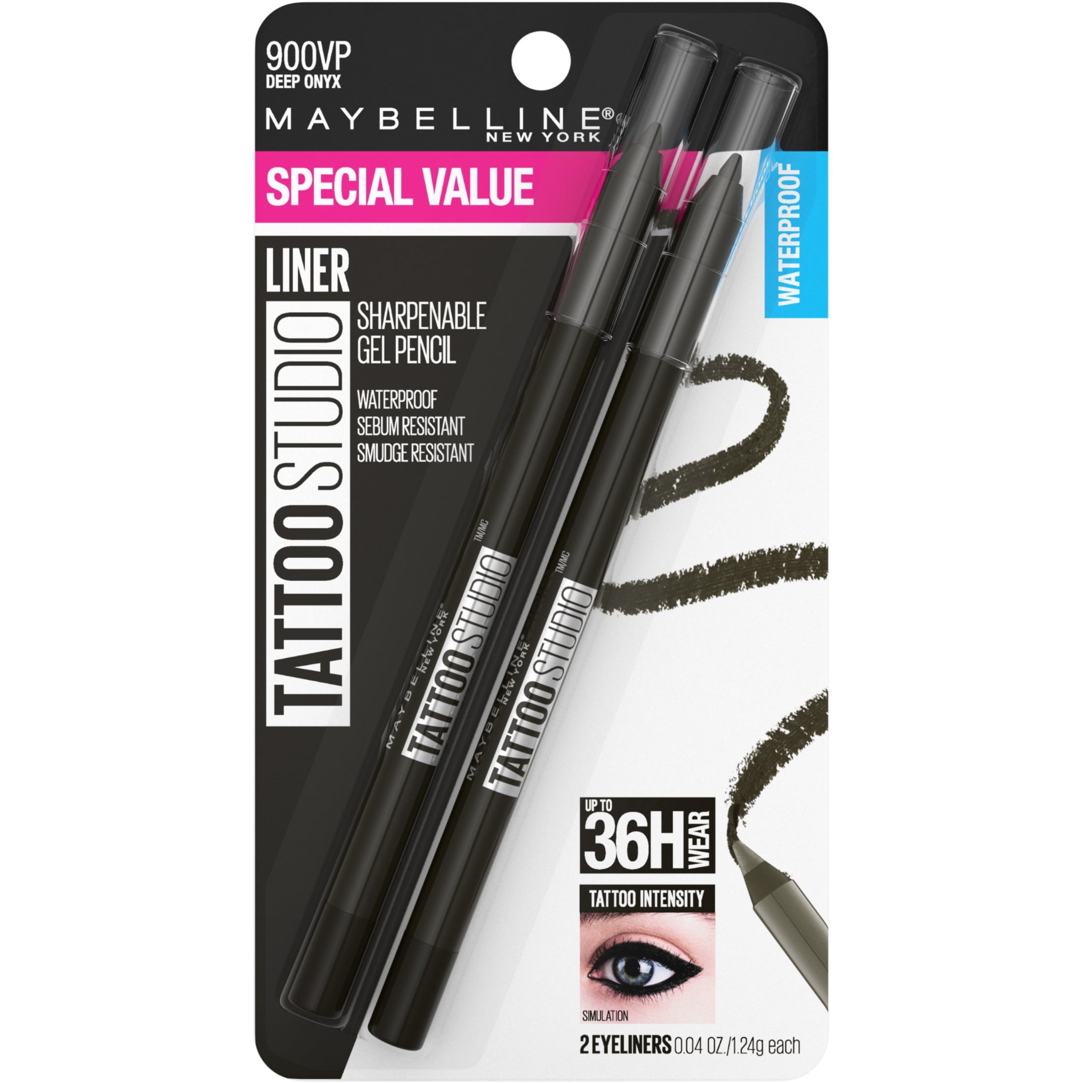 (2 pack) Maybelline Tattoo Studio Sharpenable Gel Pencil Longwear Eyeliner, Deep Onyx