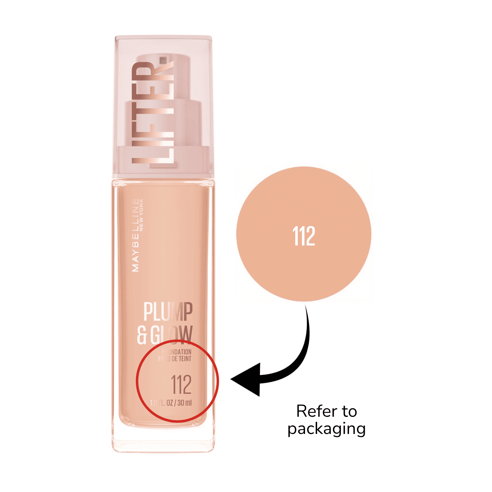 Maybelline Lifter Plump & Glow Foundation, Hyaluronic Acid, 112 Neutral, 1 Piece