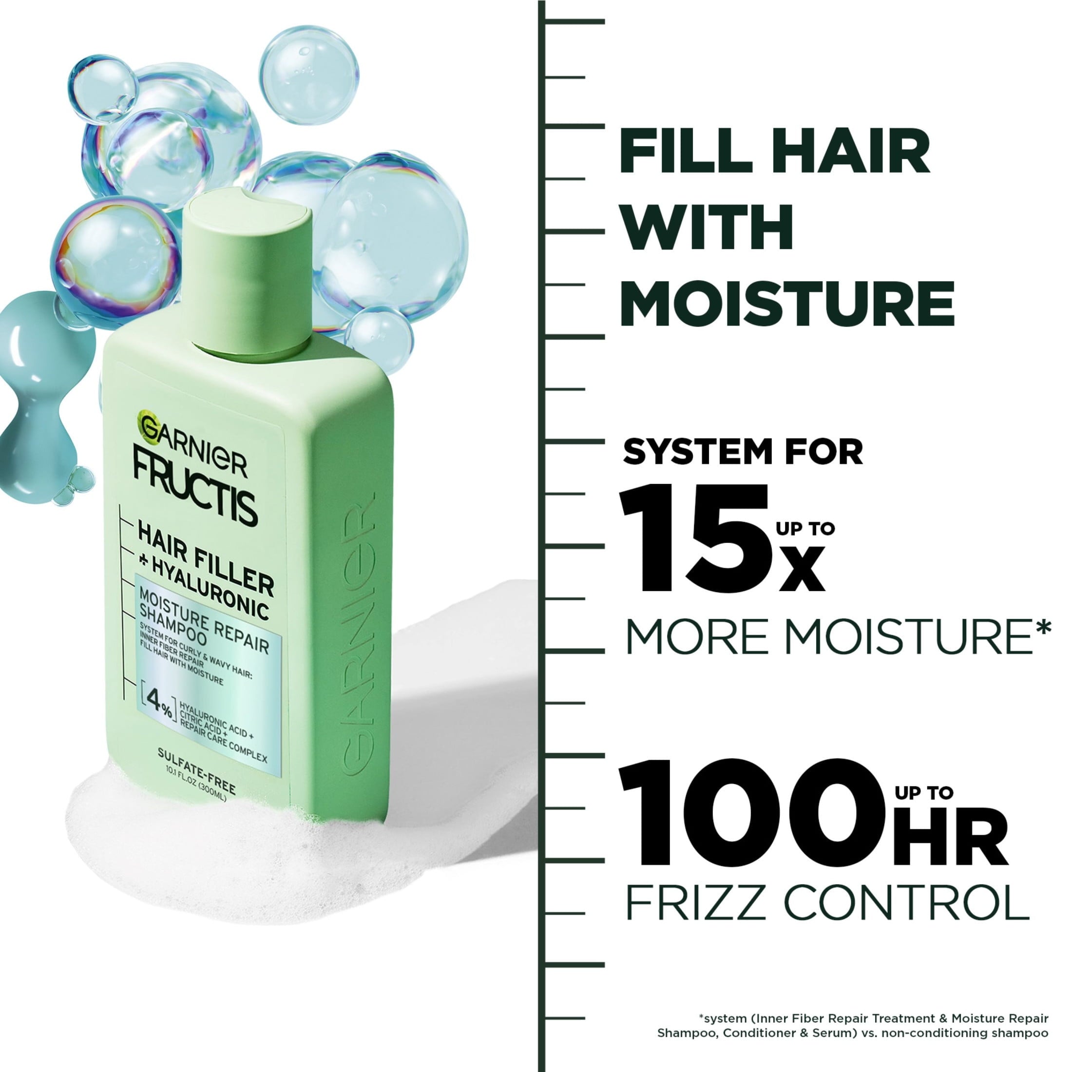 Garnier Fructis Hair Filler Moisture Repair Shampoo with Hyaluronic Acid, Curly Hair, Adults, 10.1 fl oz