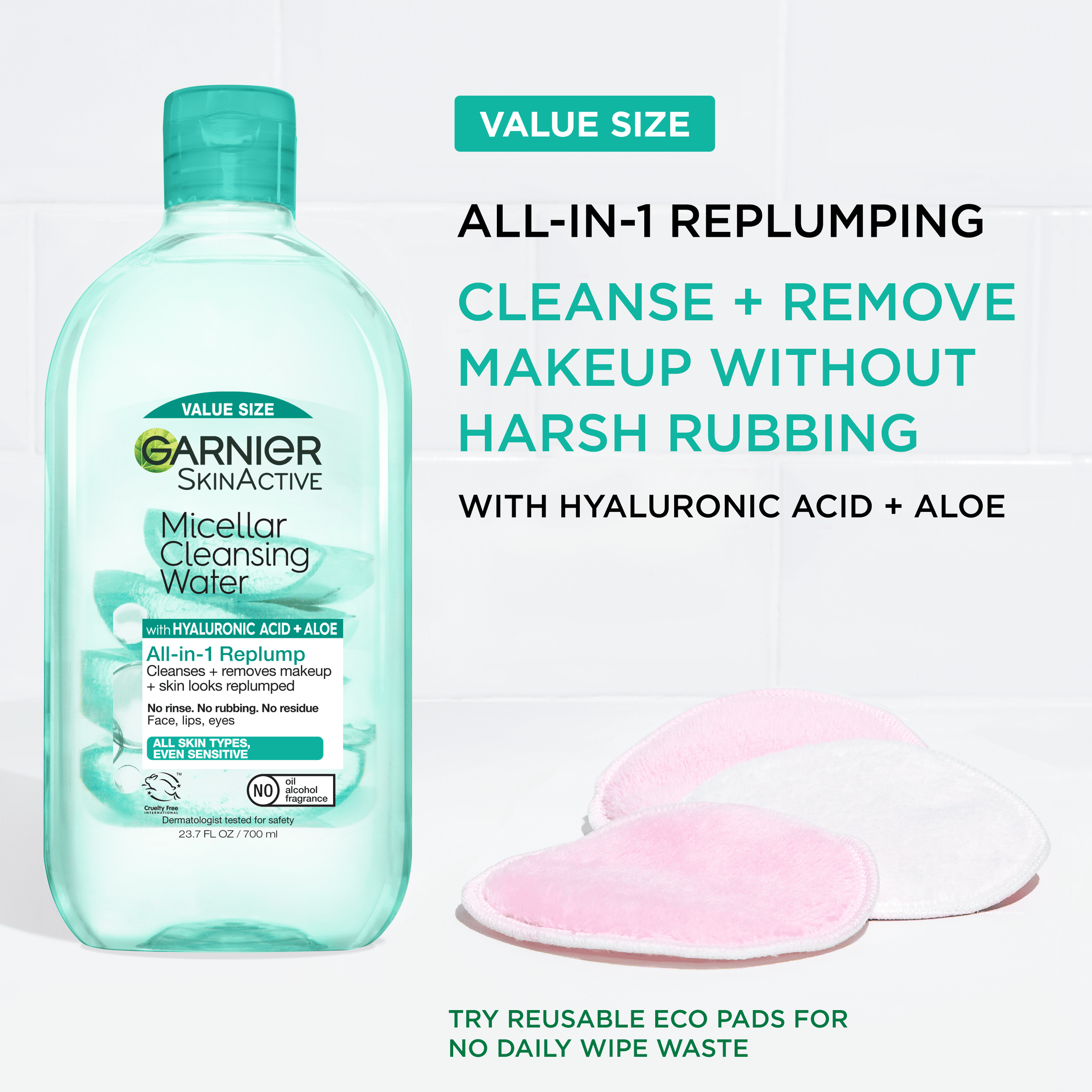 Garnier SkinActive Micellar Cleansing Water All in 1 Hyaluronic Acid Replump Makeup Remover, Face Cleanser, 23.7 fl oz