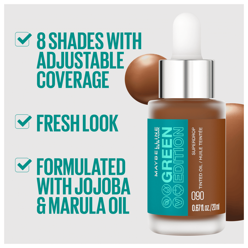 Maybelline Green Edition Superdrop Tinted Oil Makeup, Adjustable Coverage, 30, 0.67 fl oz