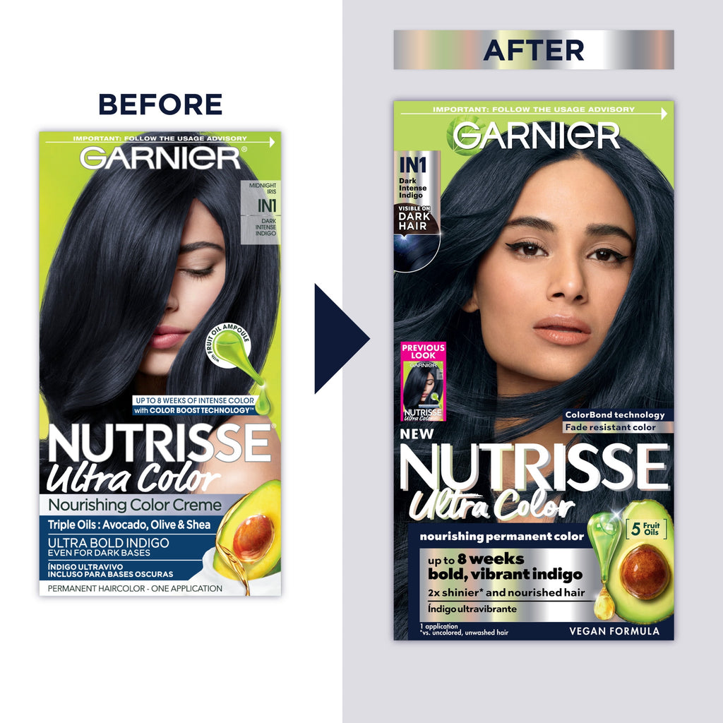 Garnier Nutrisse Ultra Nourishing Hair Color Creme,Permanent Hair Dye, IN1 Dark Intense Indigo, 1 Kit