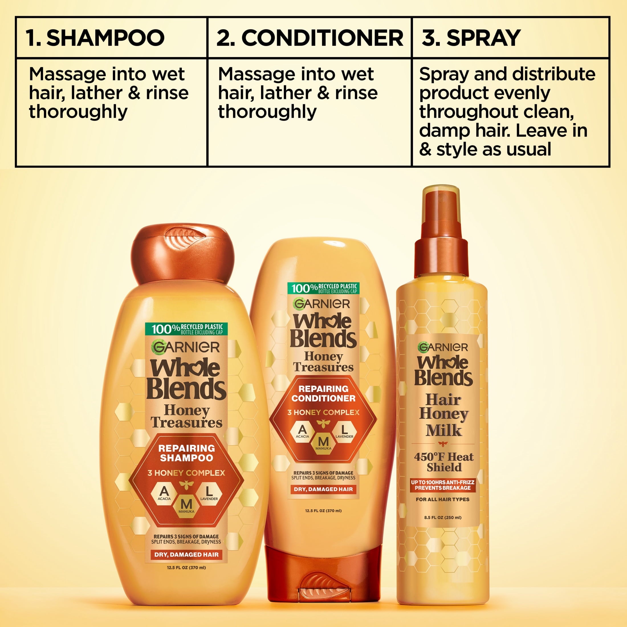 Garnier Whole Blends Repairing Hair Spray, Honey Milk, 450°F Heat Shield, All Hair Types, 8.5 fl oz