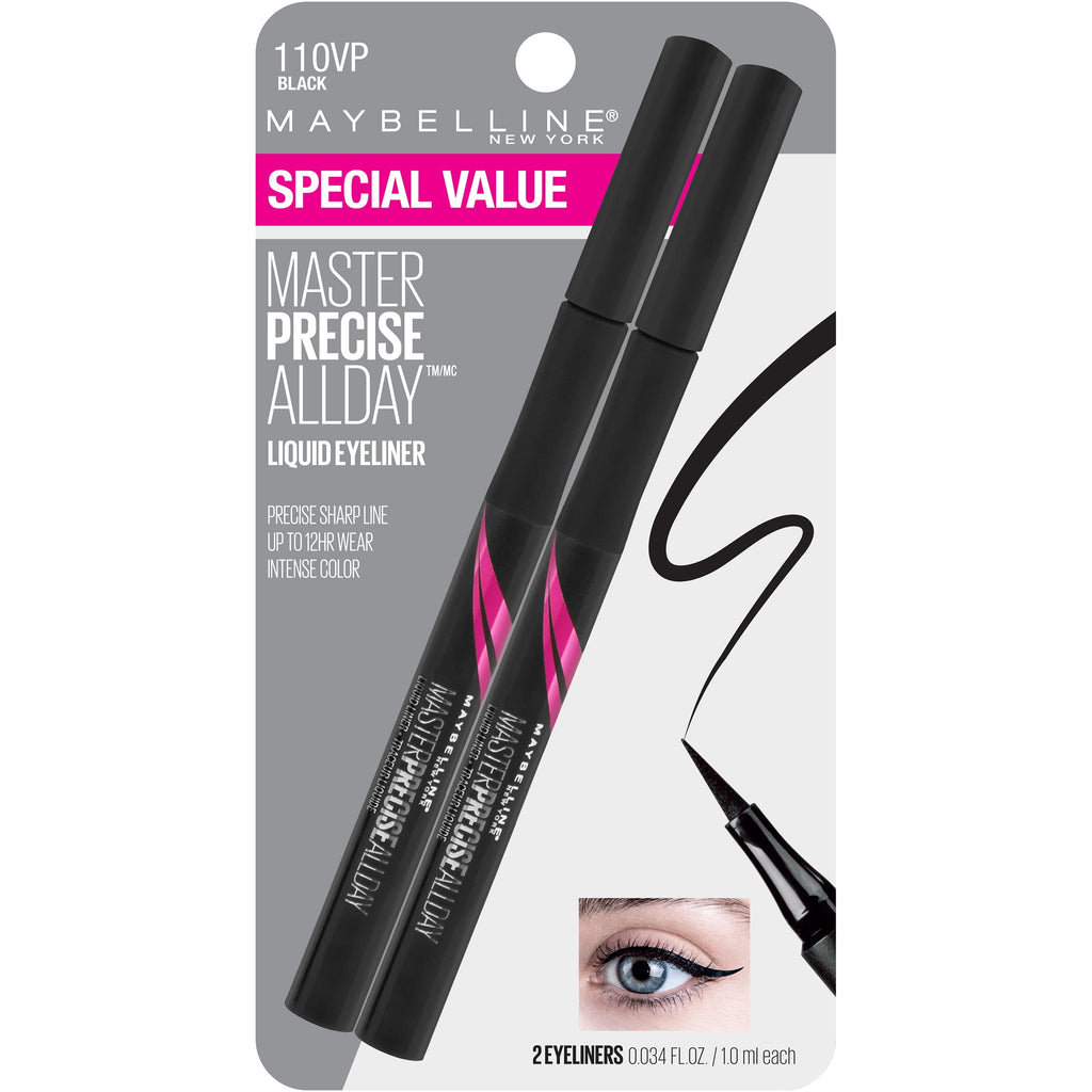 Maybelline EyeStudio Master Precise All Day Liquid Eyeliner Makeup, Black, 2 Pack