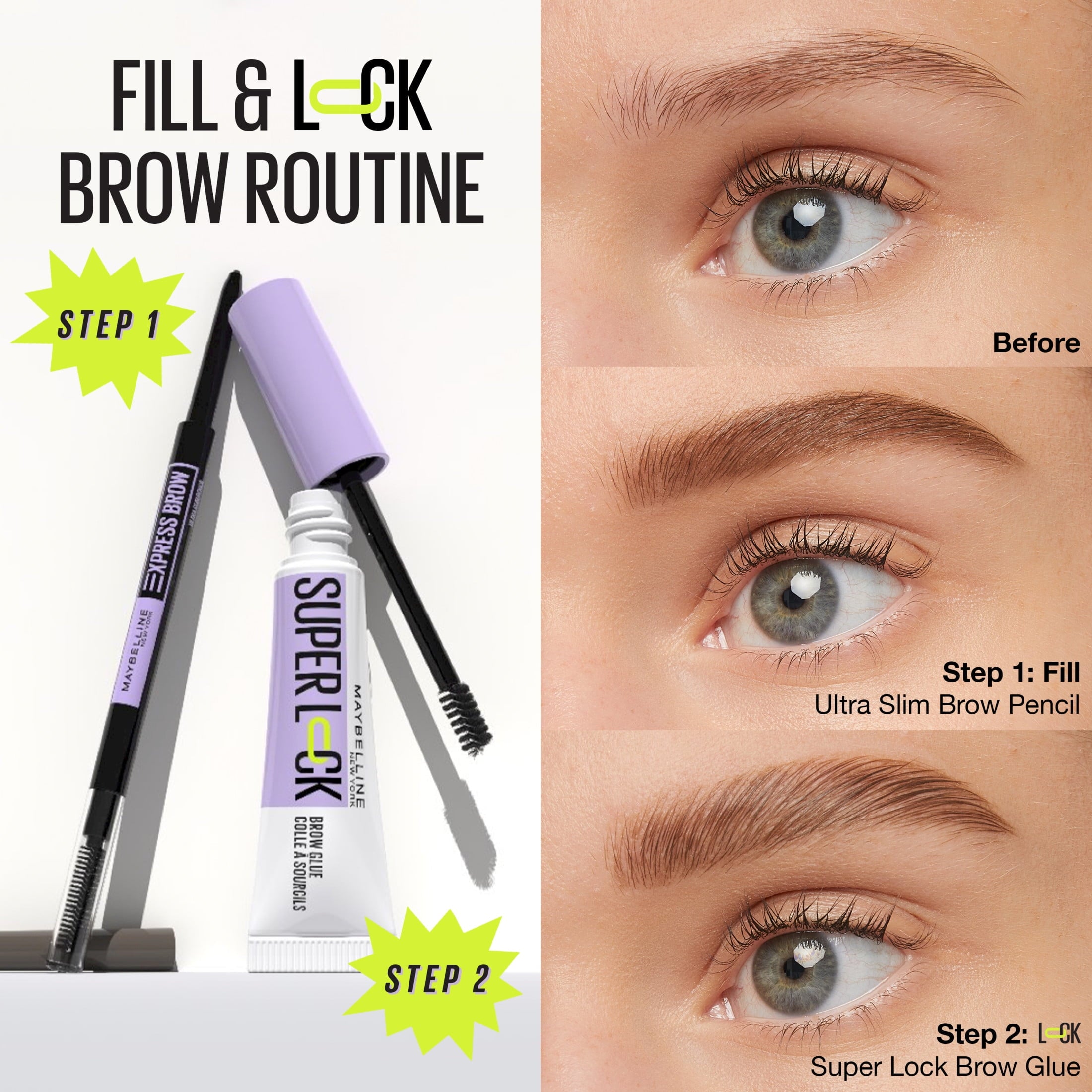 Maybelline Super Lock Brow Glue Tinted Waterproof Eyebrow Gel, Black, 0.23 fl oz