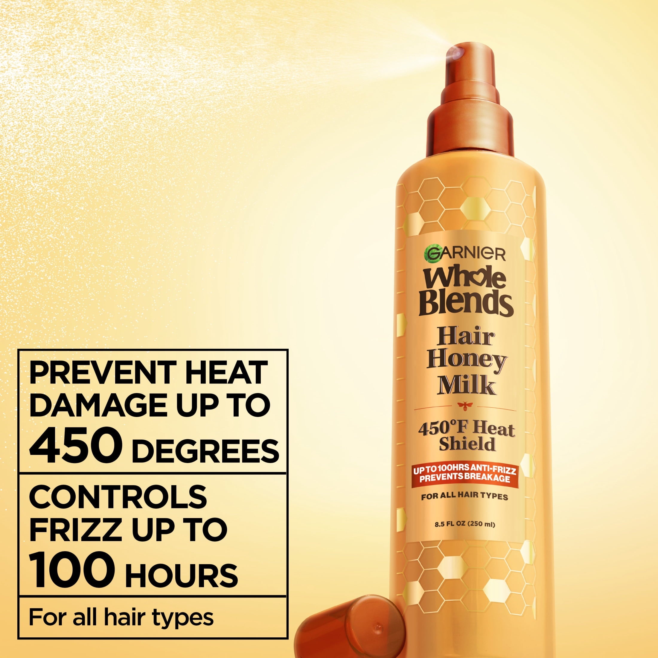 Garnier Whole Blends Repairing Hair Spray, Honey Milk, 450°F Heat Shield, All Hair Types, 8.5 fl oz