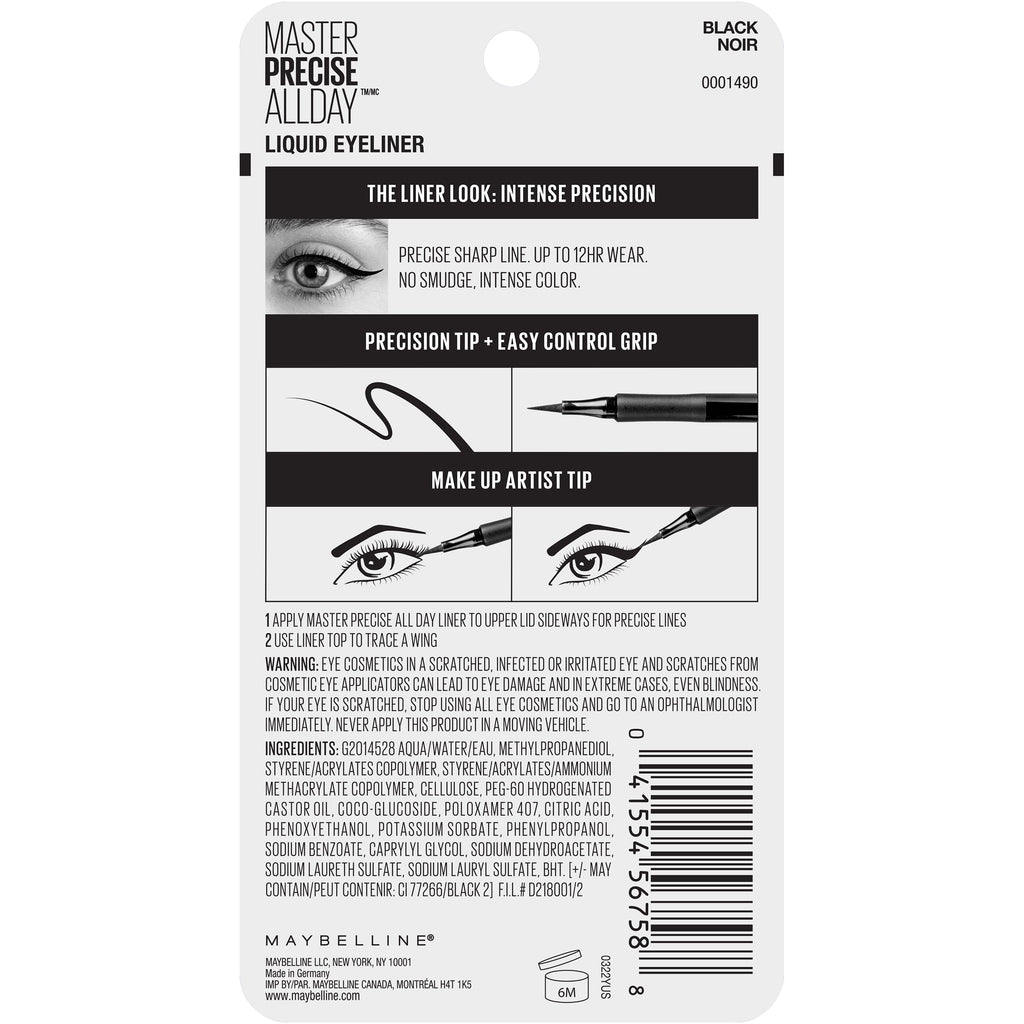 Maybelline EyeStudio Master Precise All Day Liquid Eyeliner Makeup, Black, 2 Pack
