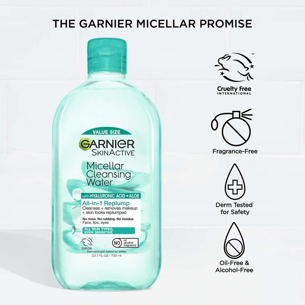 Garnier SkinActive Micellar Cleansing Water All in 1 Hyaluronic Acid Replump Makeup Remover, Face Cleanser, 23.7 fl oz