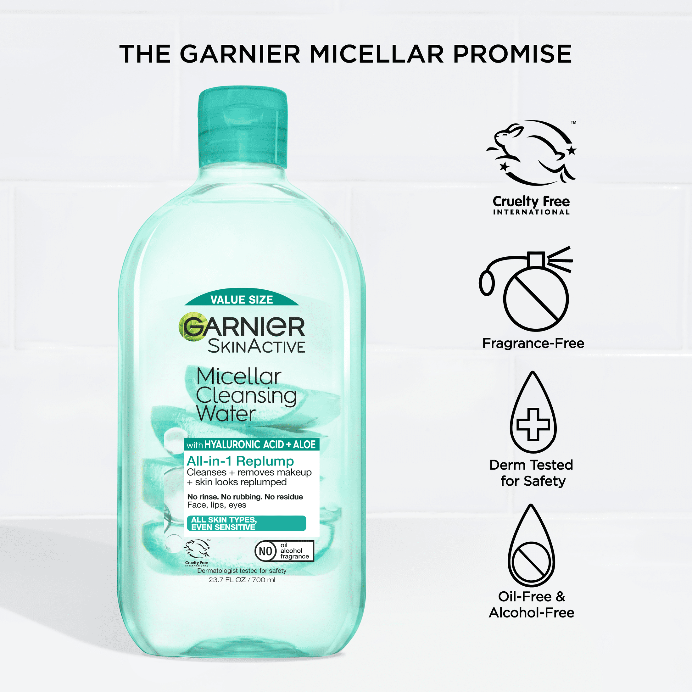 Garnier SkinActive Micellar Cleansing Water All in 1 Hyaluronic Acid Replump Makeup Remover, Face Cleanser, 23.7 fl oz