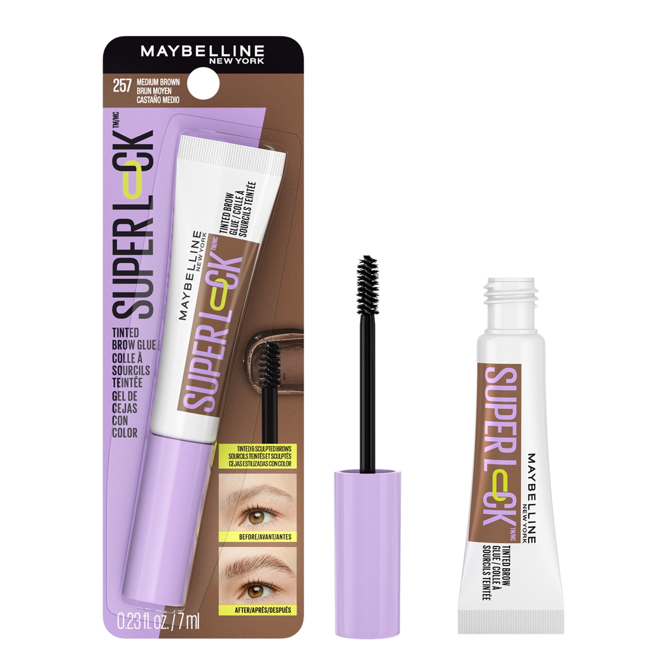 Maybelline Super Lock Brow Glue Tinted Eyebrow Gel, Medium Brown, 0.23 fl oz