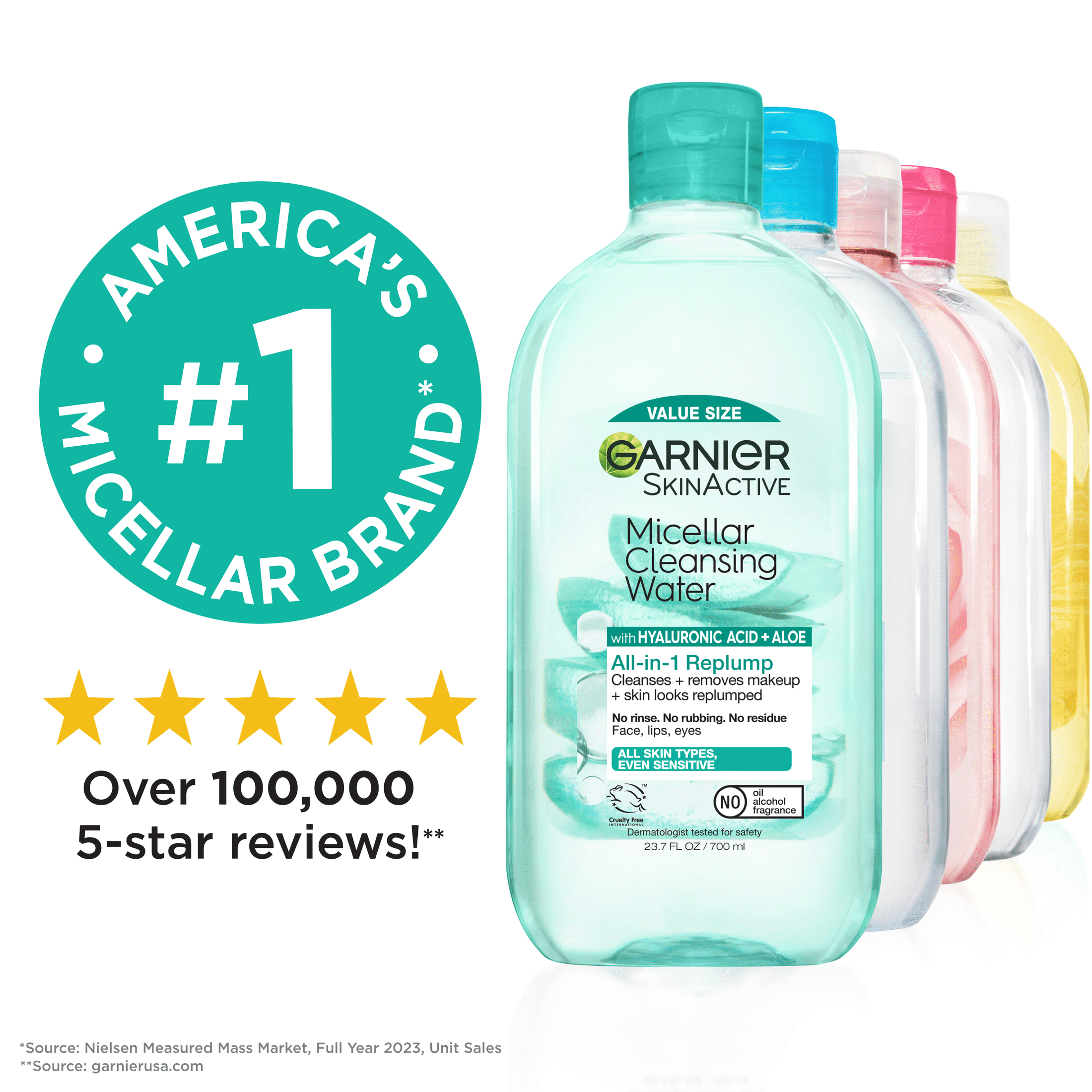 Garnier SkinActive Micellar Cleansing Water All in 1 Hyaluronic Acid Replump Makeup Remover, Face Cleanser, 23.7 fl oz