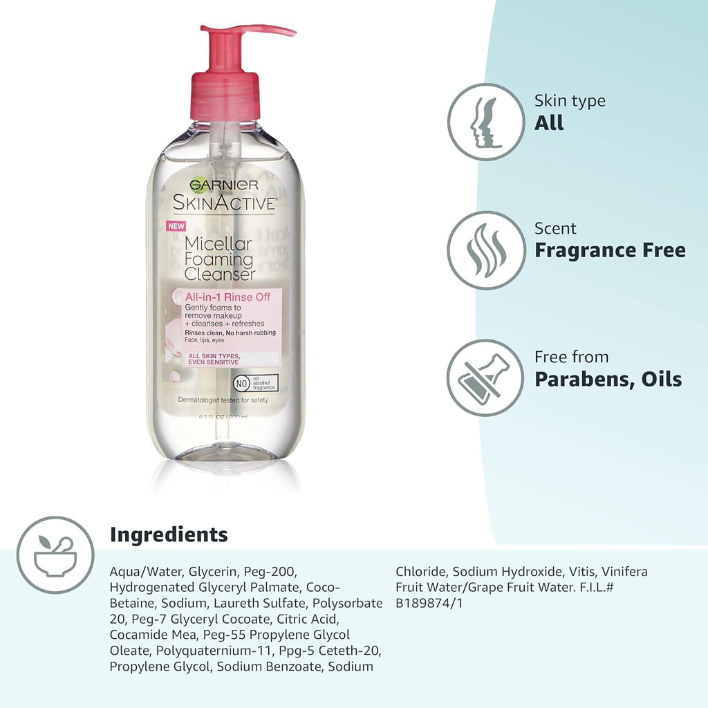 Garnier SkinActive Micellar Foaming Cleanser All in 1 Rinse Off, 6.7 fl oz