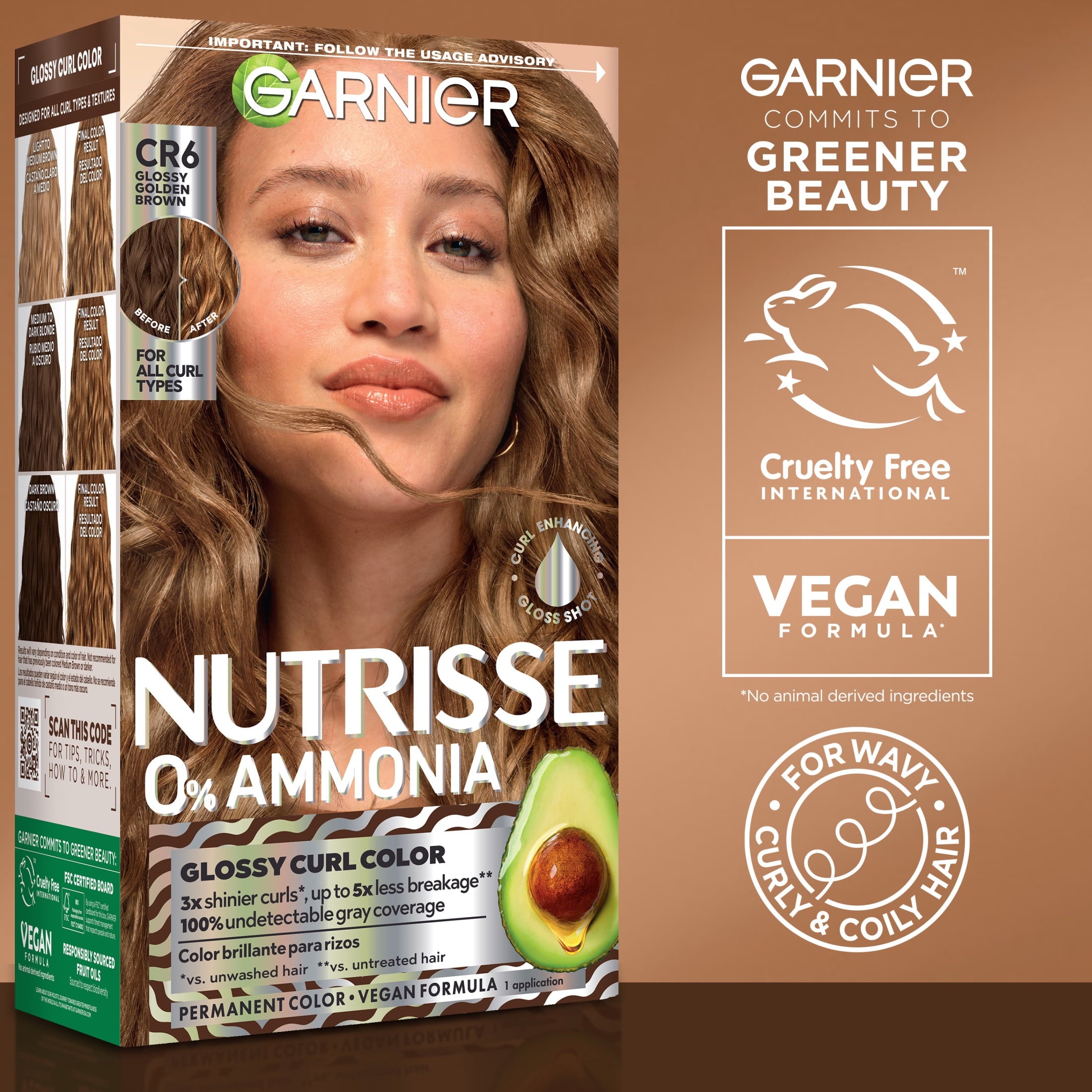 Garnier Nutrisse 0% Ammonia Glossy Curl Nourishing Permanent Hair Color Kit, CR6 Glossy Golden Brown, 1 Kit