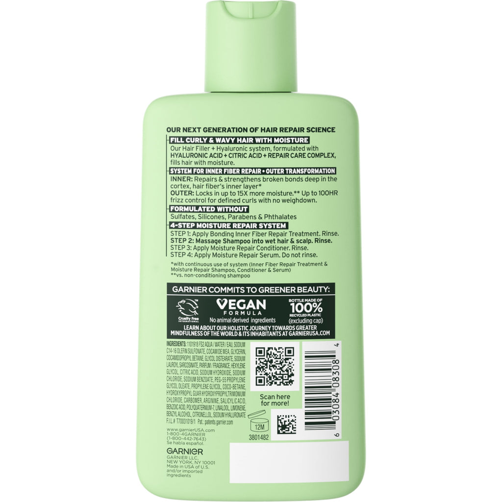 Garnier Fructis Hair Filler Moisture Repair Shampoo with Hyaluronic Acid, Curly Hair, Adults, 10.1 fl oz
