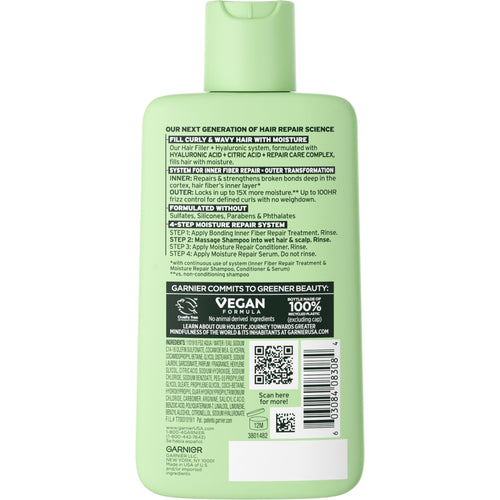 Garnier Fructis Hair Filler Moisture Repair Shampoo with Hyaluronic Acid, Curly Hair, Adults, 10.1 fl oz