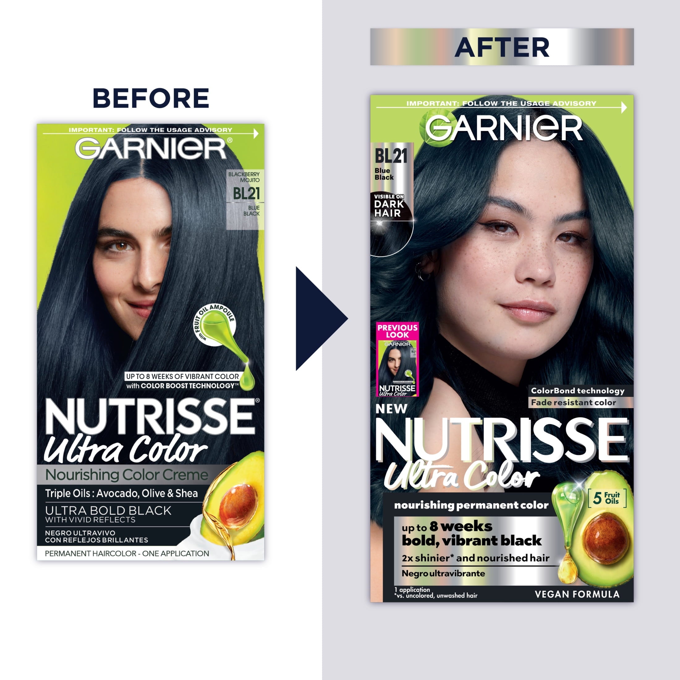 Garnier Nutrisse Ultra Nourishing Hair Color Creme, BL21 Blue Black, 1 Kit